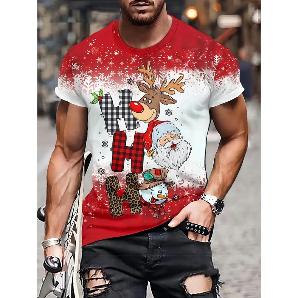 New 3D Elk And Beer Print Street Fashion Men's Christmas Holiday Party Casual Short-sleeved