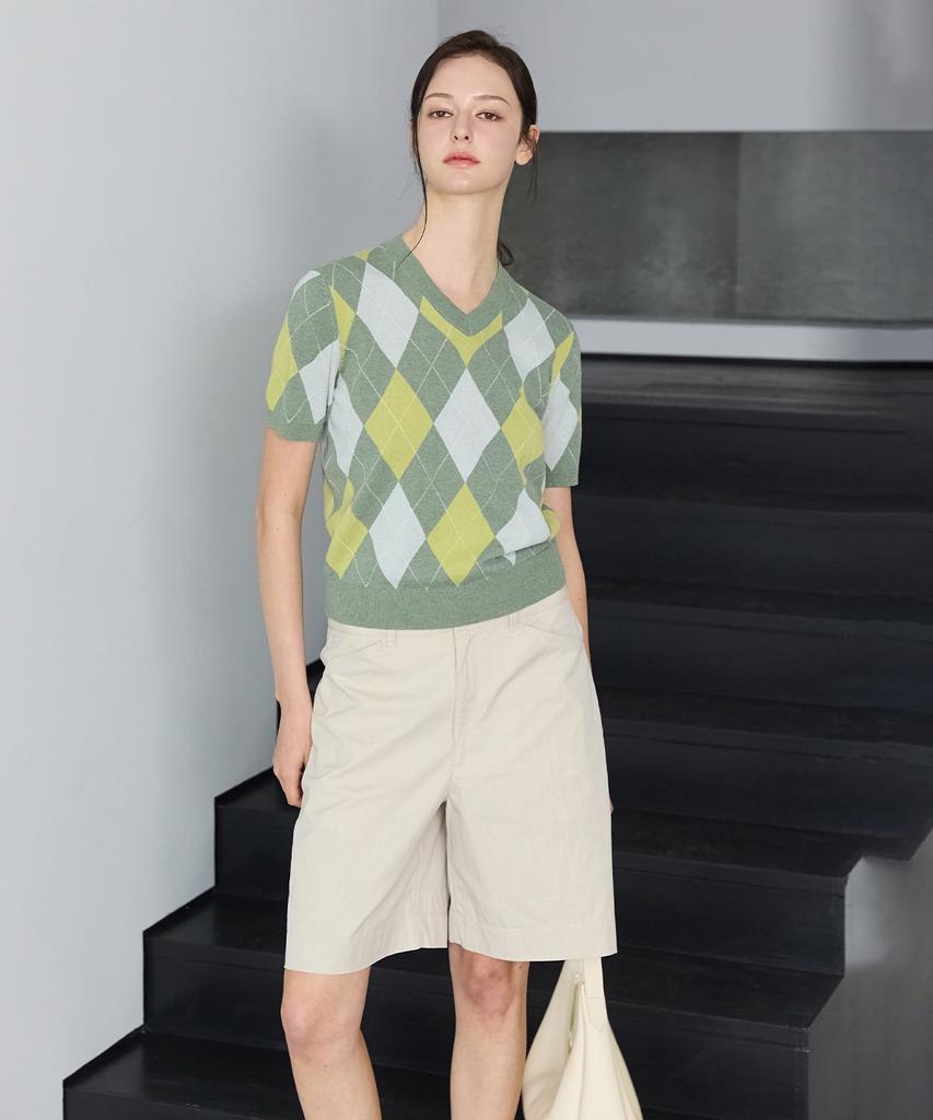 SHINE ON YOU Linen Cotton Argyle Pattern V-Neck Short Sleeve Knit - Olive Lime