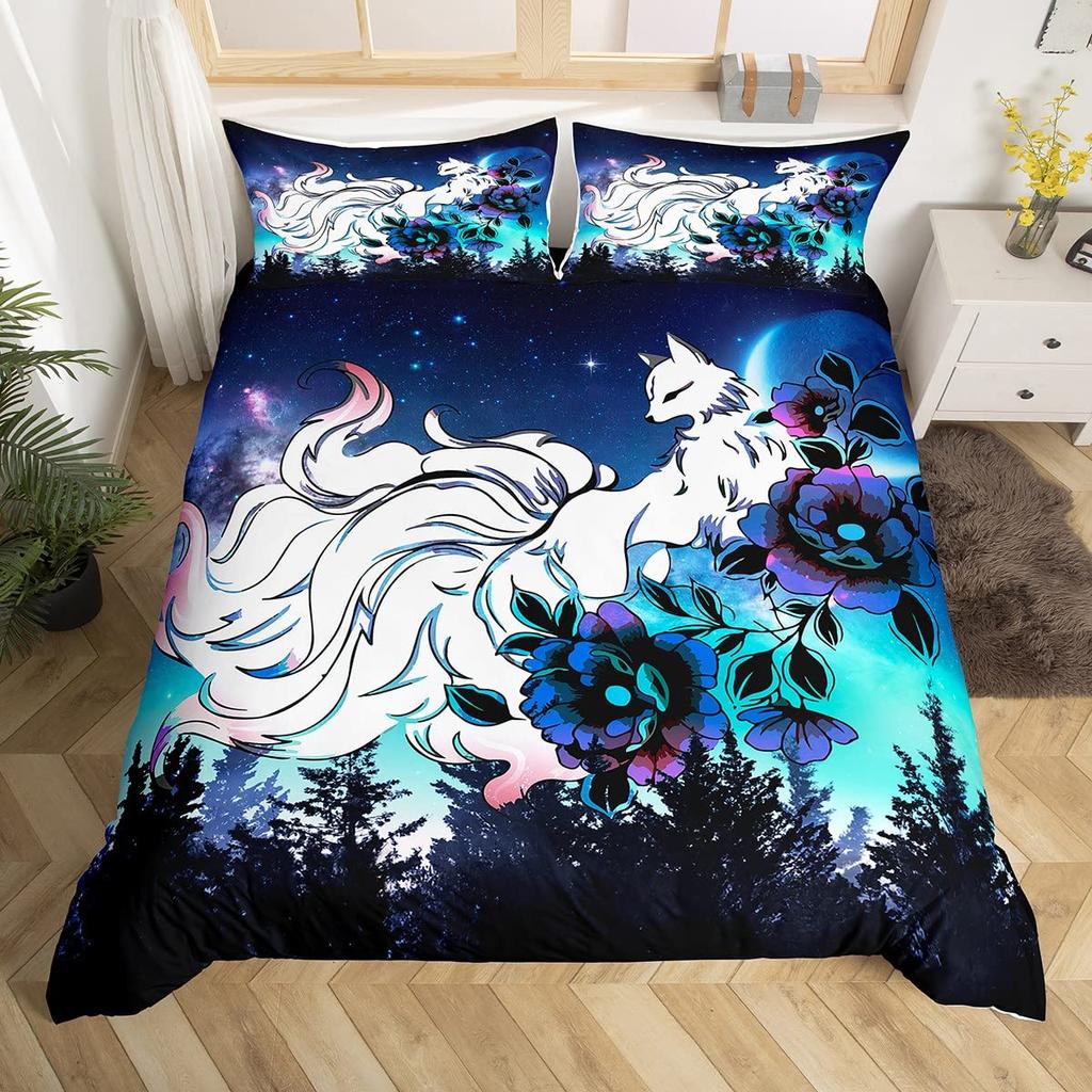 Crane Bedding Set Girl Cherry Blooming Fuji Mountain Sun Duvet Cover Kids Women Lotus Floral Comforter Cover Watercolor Decor