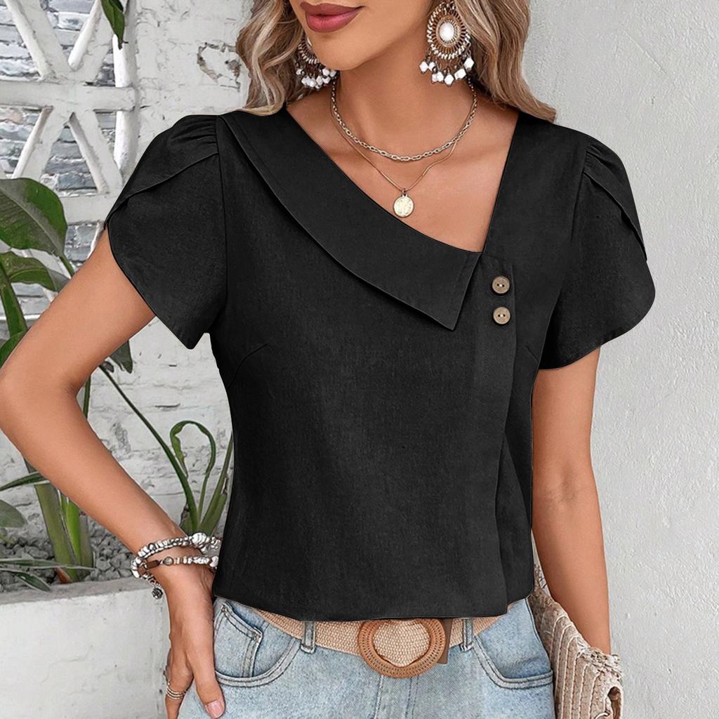 Women Spring Summer Cotton T Shirts Casual Asymmetrical Collar Short Sleeve Blusas Tops Solid Color Loose Fit Summer Tops 2025