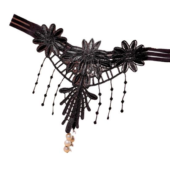 Women G-string Flower Embroidery Tassel Solid Color Hollow Out Faux Pearl Decor Spaghetti
