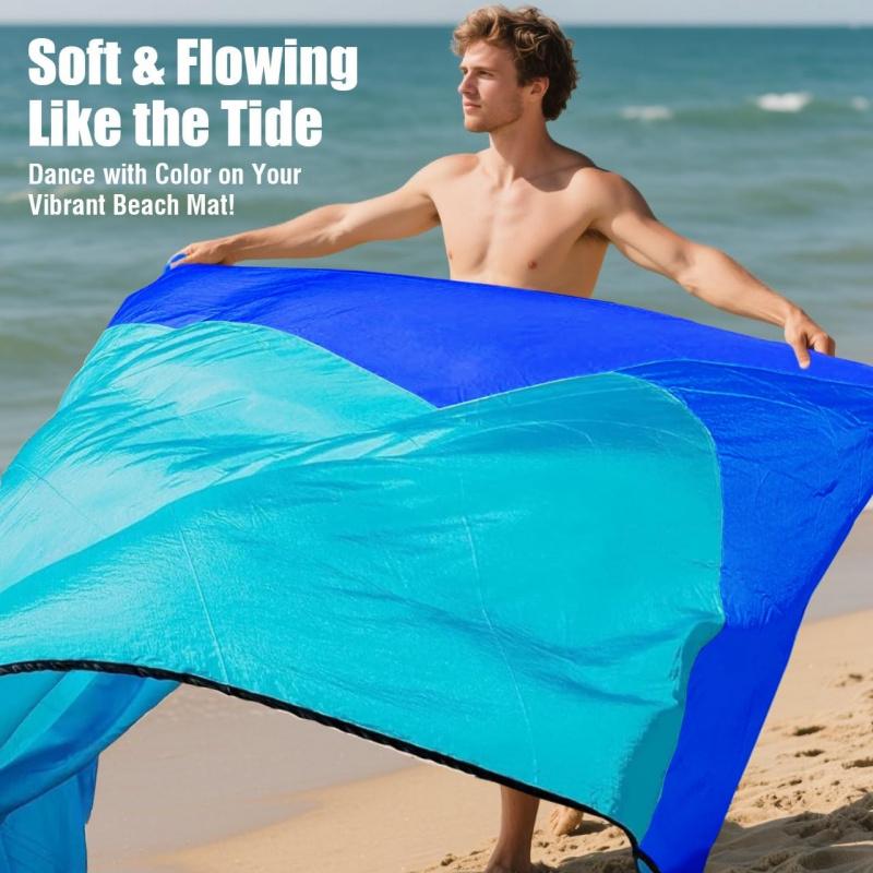 Oversized 6.9'X6.6' Beach Blanket Sandproof Waterproof Nylon Picnic Mat With Stakes Ultralight 12oz For Camping Travel