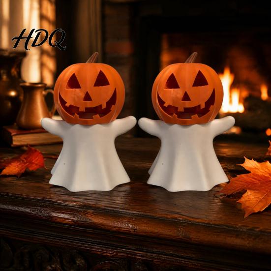 Zucca Decorativa Portacandele Fantasma di Halloween LED Elettronico Supporto Decorazione Festa Autunnale Ornamento Stampato 3D per Festa Casa