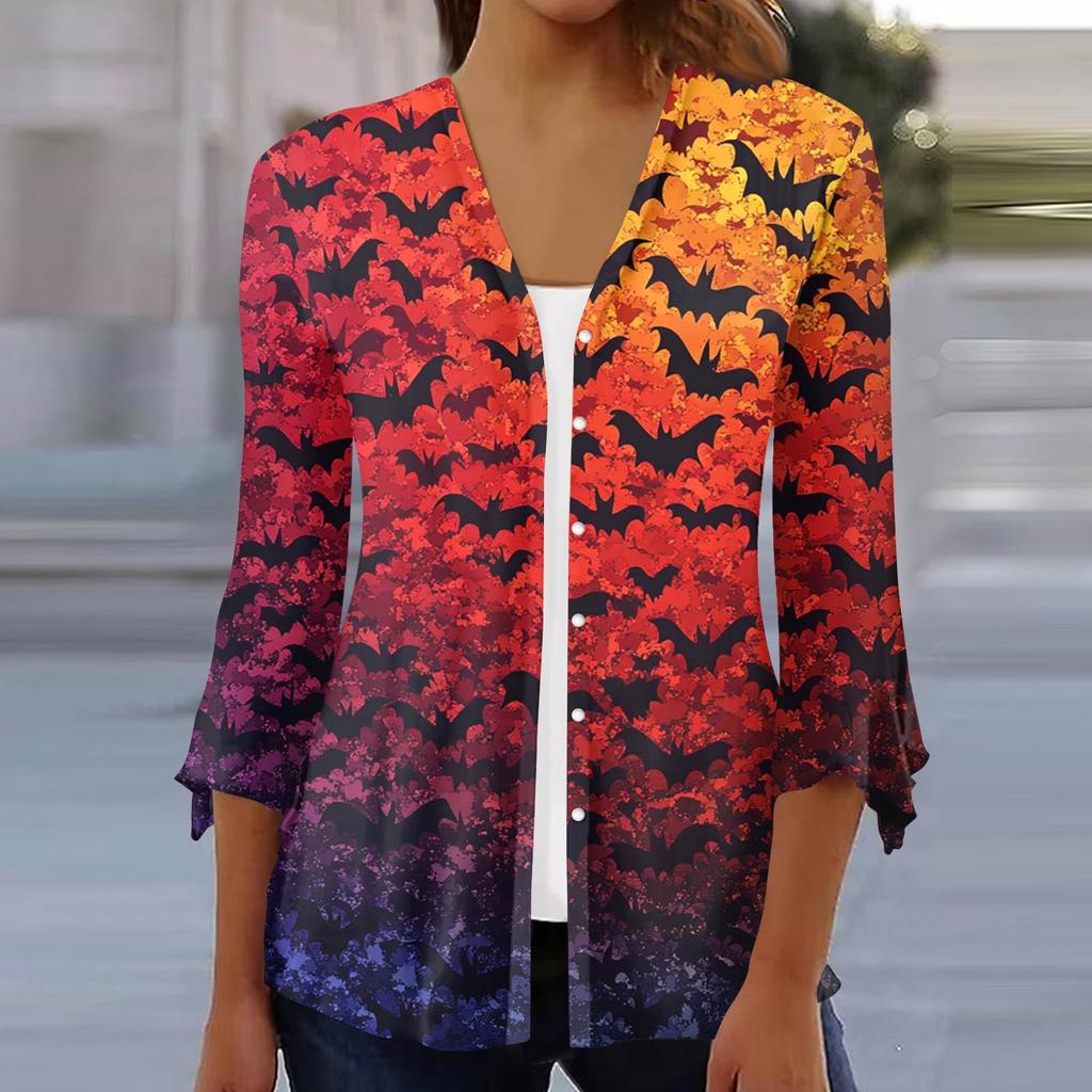 Damen Locker Lässig Bedruckt Siebenärmel Knopfleiste Hemd Strickjacke Top