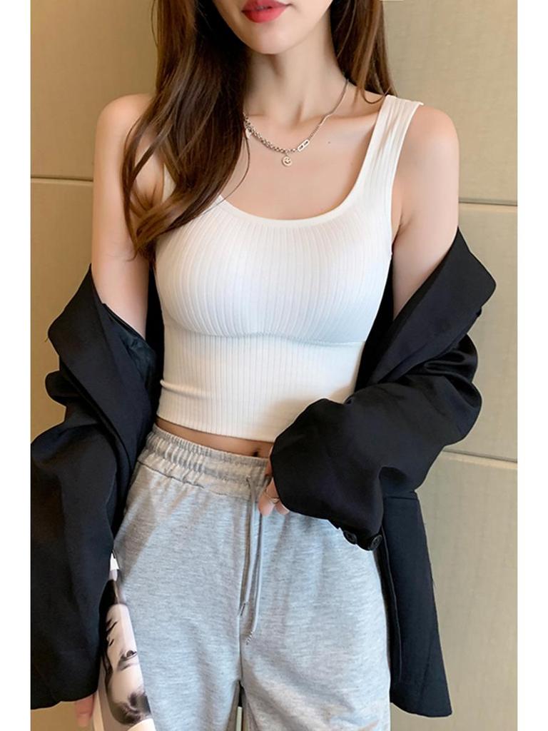 Women's Knitted Wide-Strap Sports Vest with Chest Pads - Strapless Base Top for Spring & Summer