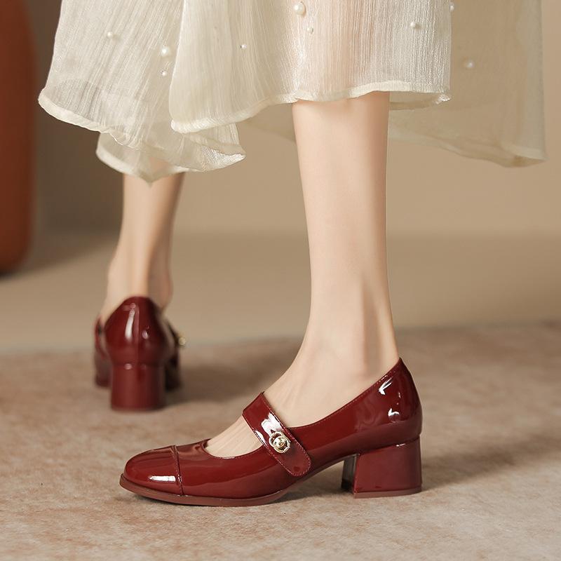 Thick heel shallow mouth soft leather single shoes women's college vocational work commuter women's shoes square head shoes