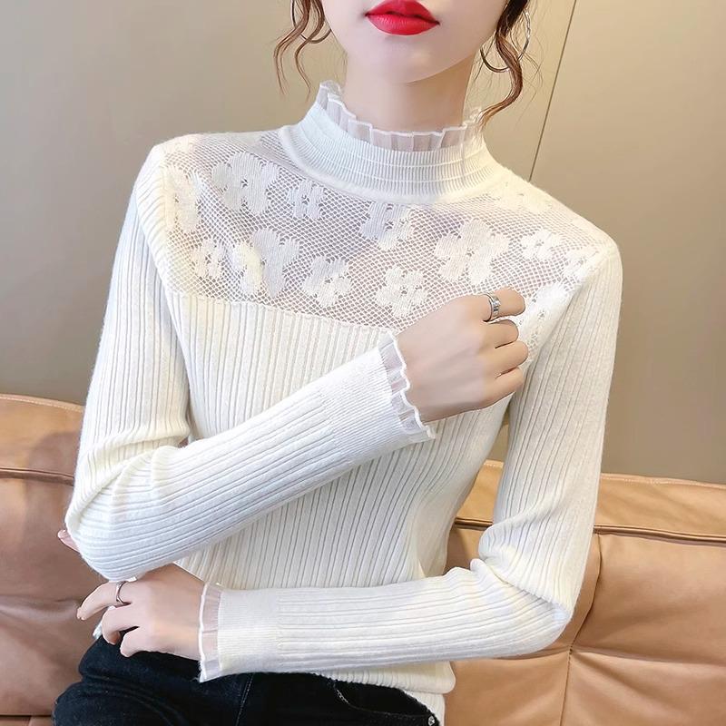 Women's Lace Top: Spring & Fall 2024 Long-Sleeve Knitted Sweater Pullover