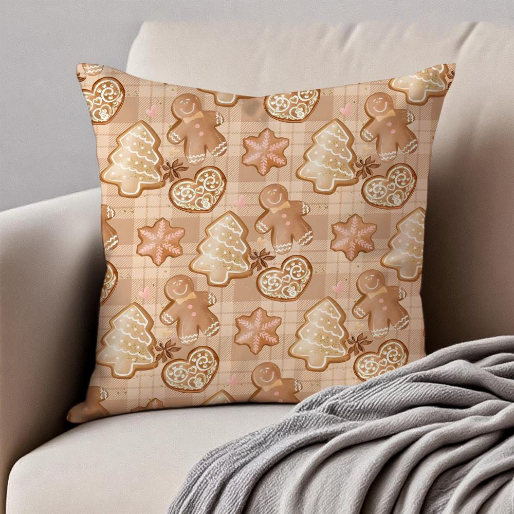 Christmas Gingerbread Man Fun Holiday Cushion Cover Pillowcase Antidustmite Invisible Zipper Short Plush Sofa Cushion