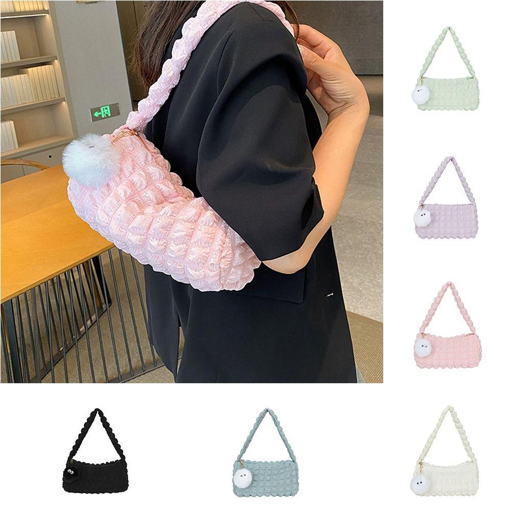 

Plaid Pleated Bubble Handbag Solid Color Underarm Bag Cute Cloud Shoulder Bag Girls