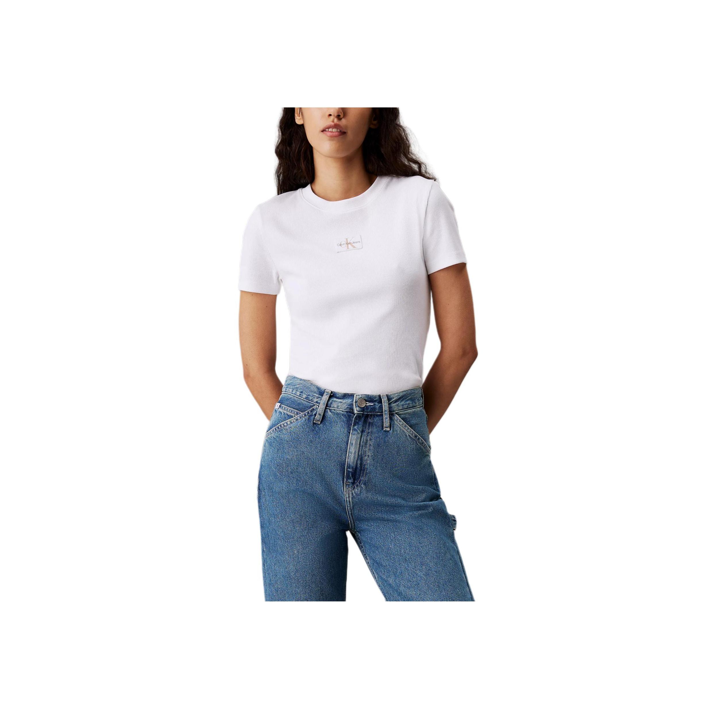 

Calvin Klein Jeans Slim Fit Ribbed Cotton Crew Neck Short Sleeve T-Shirt Women tops Bright-White J20J223552-YAF L