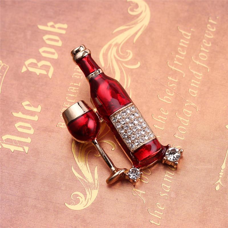 Luxury Exquisite Red Wine Cup Wine Bottle Shape Brooches Crystal Rhinestone Pins For Women Men Hats Suit Accessories Jewelry