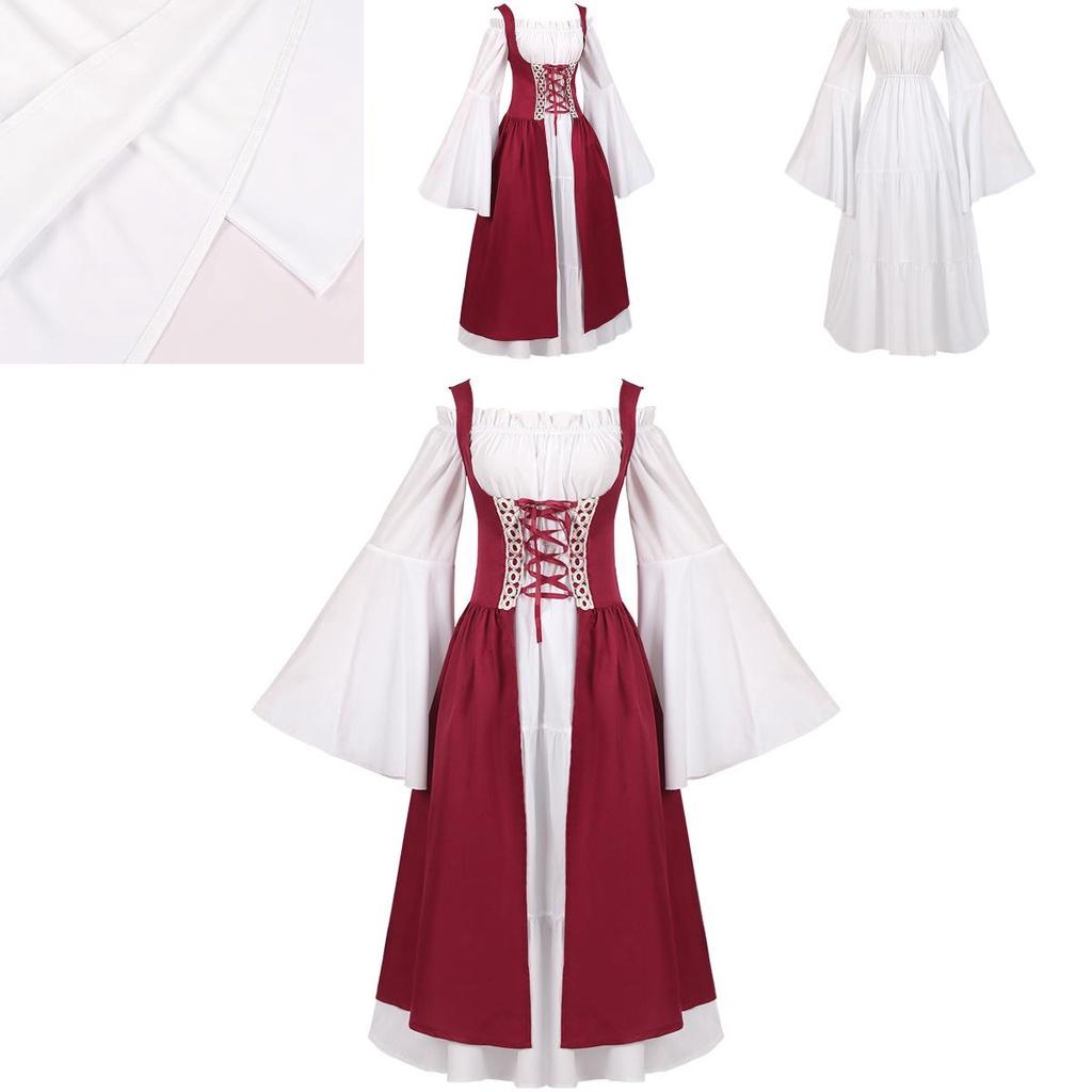 Elegantes Langes Rot-Weißes Mittelalterkleid für Damen