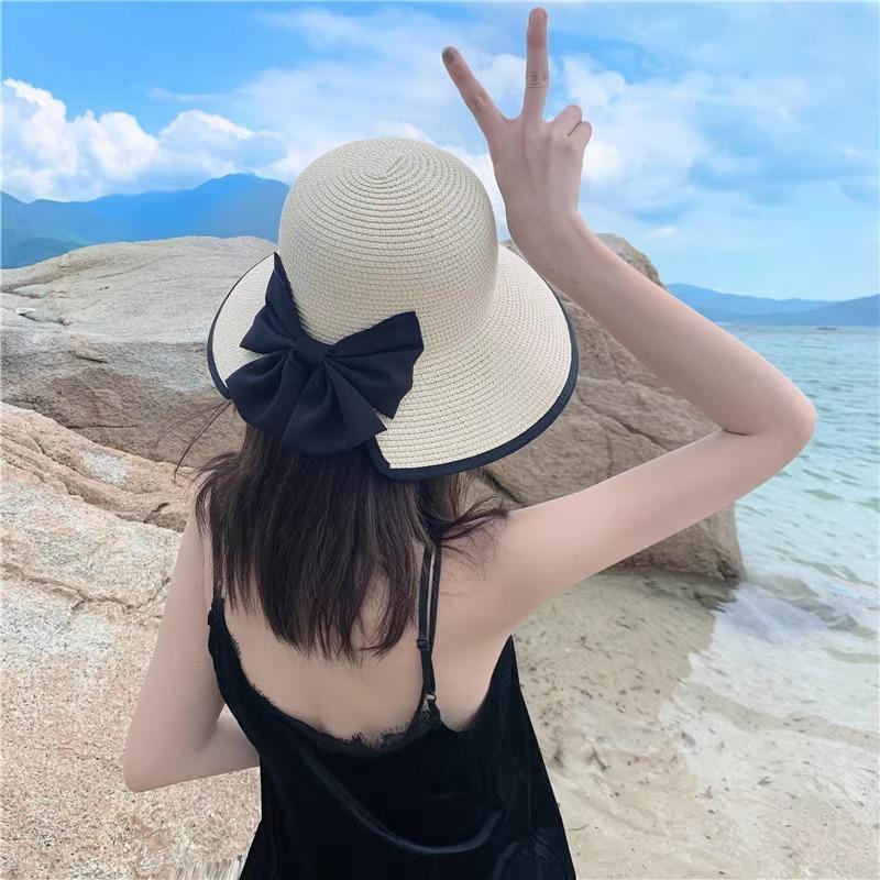 Small Straw Hat Women's Summer Seaside Beach Hat Vacation Versatile Small Fresh Bow Sunscreen Visor