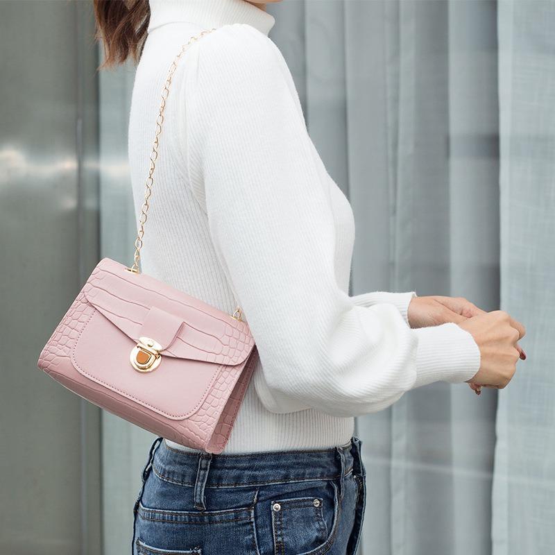 Stone Pattern Women's Bag New Lock Double Chain Small Square Bag Mobile Phone Bag Women's Bag One Piece