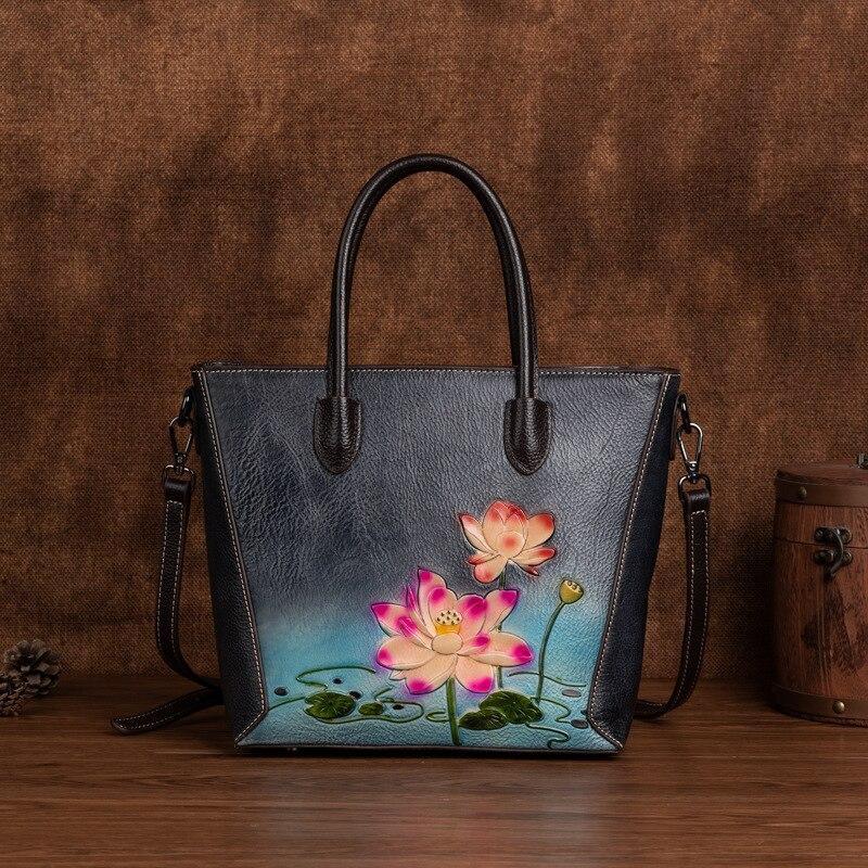 Johnature Retro Embossed Women Tote Bag Genuine Leather Luxury Handbag Leisure Natural Soft Cowhide Large Capacity Shoulder Bags