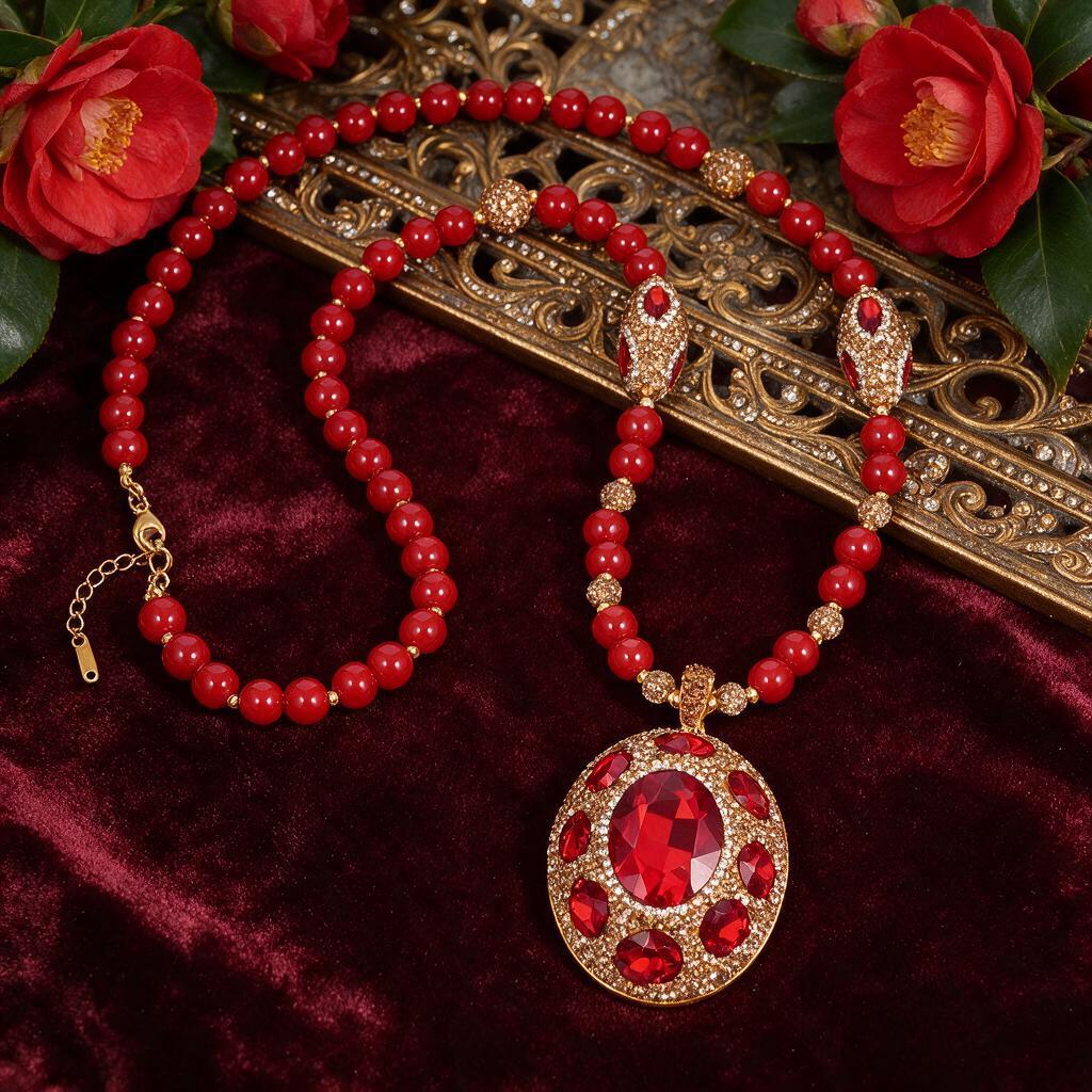 Vintage Red Crystal Sweater Necklace - Elegant and Versatile Pendant for Autumn/Winter Women