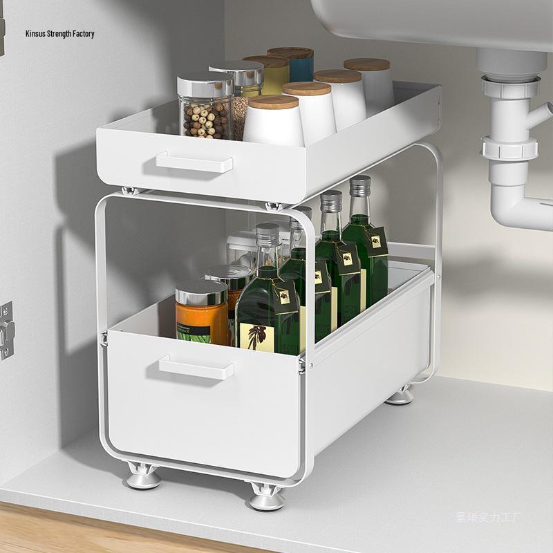 Under-Sink Pull-Out Carbon Steel Double-Layer Storage Drawer for Kitchen Cabinets