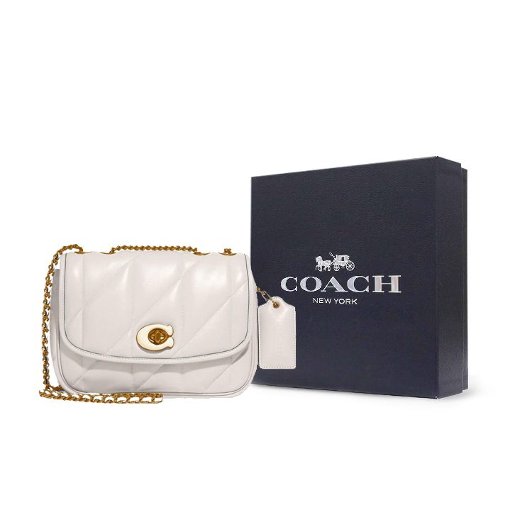 Coach Kissen 24 Kettenschloss Gestepptes Nappaleder Kleines Quadratisches Crossbody-Umhängetasche Damen Taschen Weiß C8560-B4HA