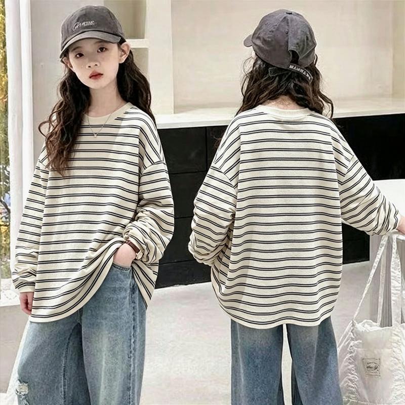Girls' Fashionable Striped Cotton Long-Sleeve T-shirt for Ages 6-15 - Stylish Casual Patchwork Design