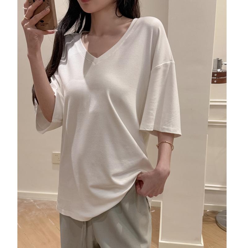 Spot European large version loose basic short-sleeved t-shirt women's summer shoulder 2026V neck top modal