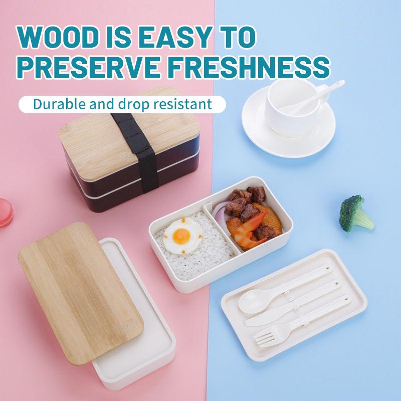 New Japanese Style Bento Box, Minimalist Double-layer Lunch Box with Knife, Fork, Spoon, Divided Student Lunch Box