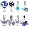 925 Silver Blue Space Earth Airplane Demon Eyes Pavé Clear Zircon Shiny Beads Fit Original  Charms Bracelet Women Jewelry