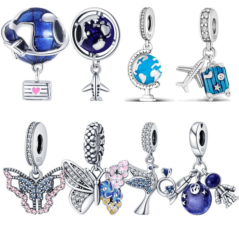 925 Silver Blue Space Earth Airplane Demon Eyes Pavé Clear Zircon Shiny Beads Fit Original  Charms Bracelet Women Jewelry