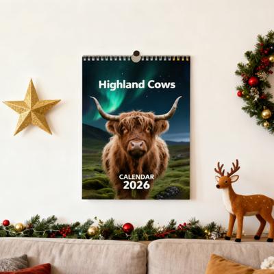 Highland Cow Calendar 2026 Jan 2026 - Dec 2026 12 Month Planner Scottish Wall Art Decor for Home Office