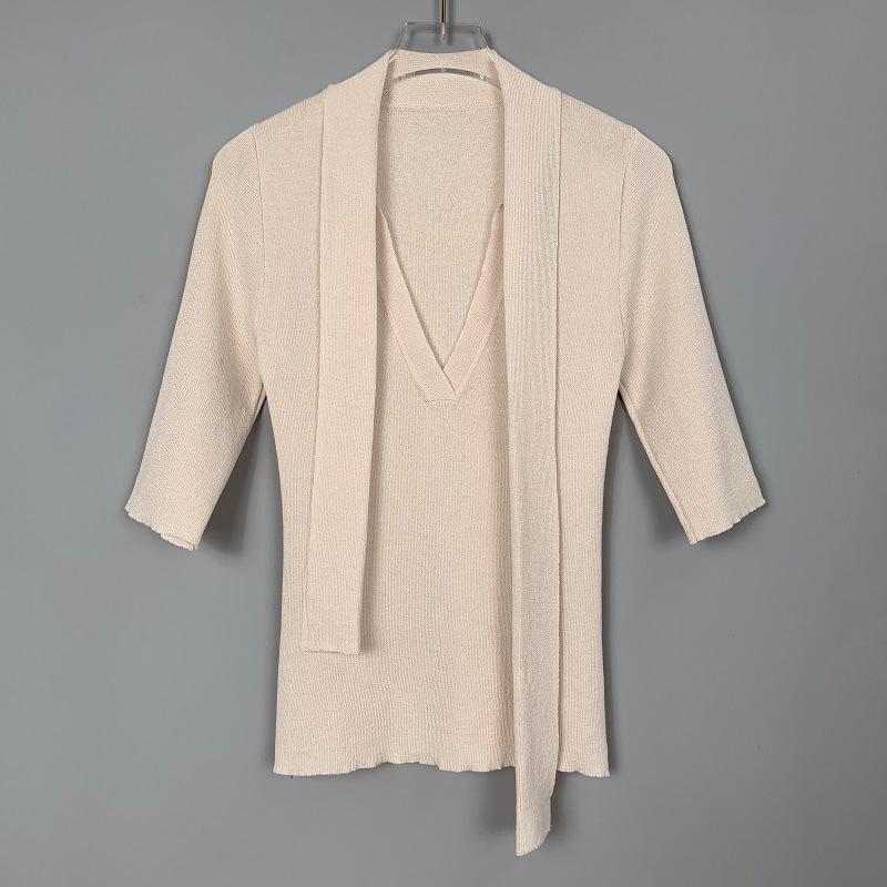 

Корейский приталенный вязаный свитер Dongdaemun со средним рукавом и ленточным узором для женщин One Size бежевый