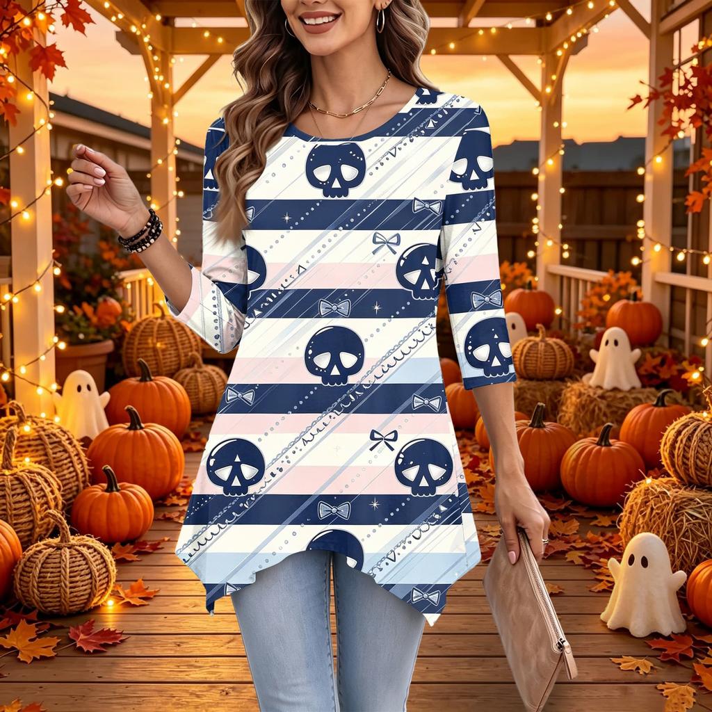 Women's Casual Halloween Print Top, Loose Fit Three-Quarter Sleeve