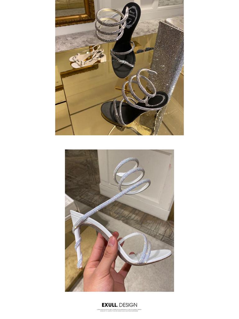 RC Rhinestone Snake Wrap Around Stiletto Heels - Sexy Open Toe Ankle Strap Sandals for Women in European & American Style