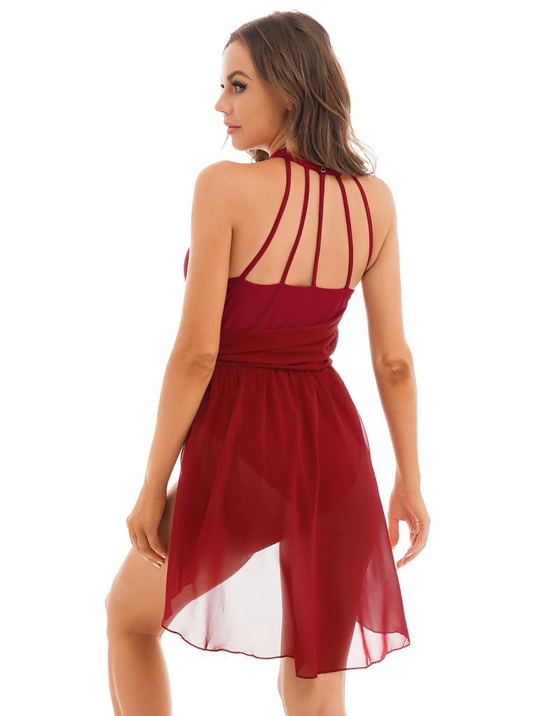 Womens Lyrical Dance Dress Ruched Chiffon Design Strappy Back Detail Sleeveless Leotard Performance Wear