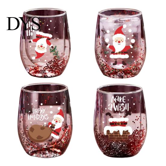 Klarer Borosilikatglasbehälter Doppelwandiger Glasbecher, mit Dekorationen im Stil von Weihnachtsmann/kleinem Baum/Stapel/Tasche, Geschirr für Familientreffen Treibsand