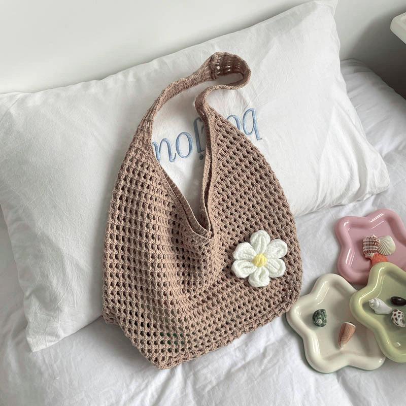 Solid Color Knitting Shoulder Bag Flower Large Capacity Bohemian Crochet Tote Bag Hollow Out Versatile Casual Woven Handbag