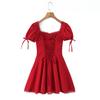 Holiday French square neck lace splicing waist thin dress women's design court style lace-up short skirt