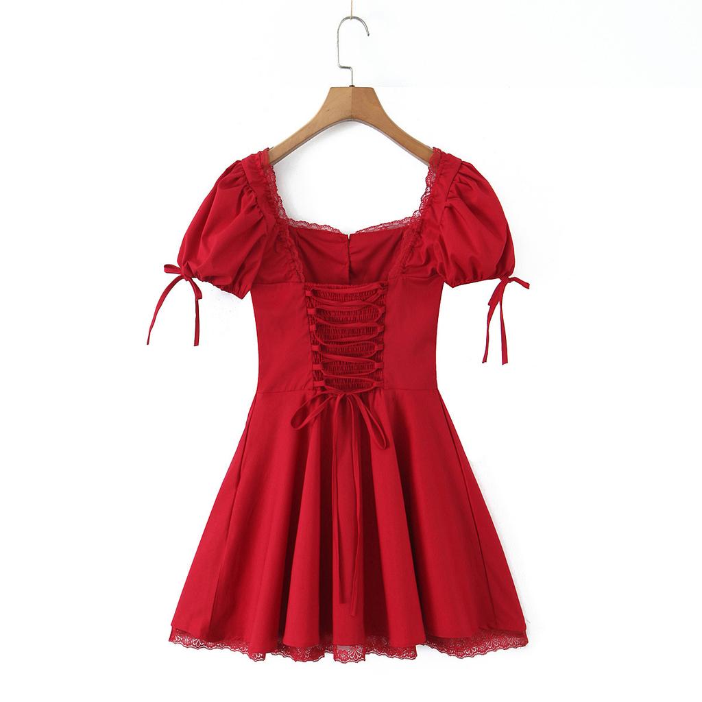 Holiday French square neck lace splicing waist thin dress women's design court style lace-up short skirt