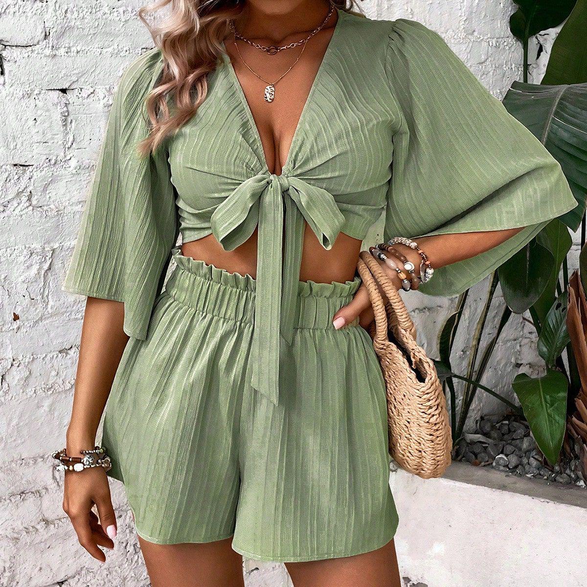 

European Fashion Lace-Up Summer Women s Two-Piece Set: Short-Sleeve, Loose, Comfortable, Casual Hot Girl Style XL
