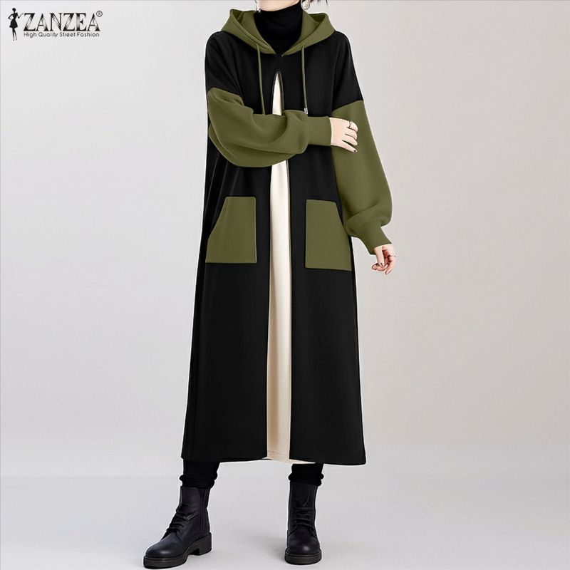 ZANZEA Women Long Sleeve Casual Patchwork Long Hooded Sweatshirts