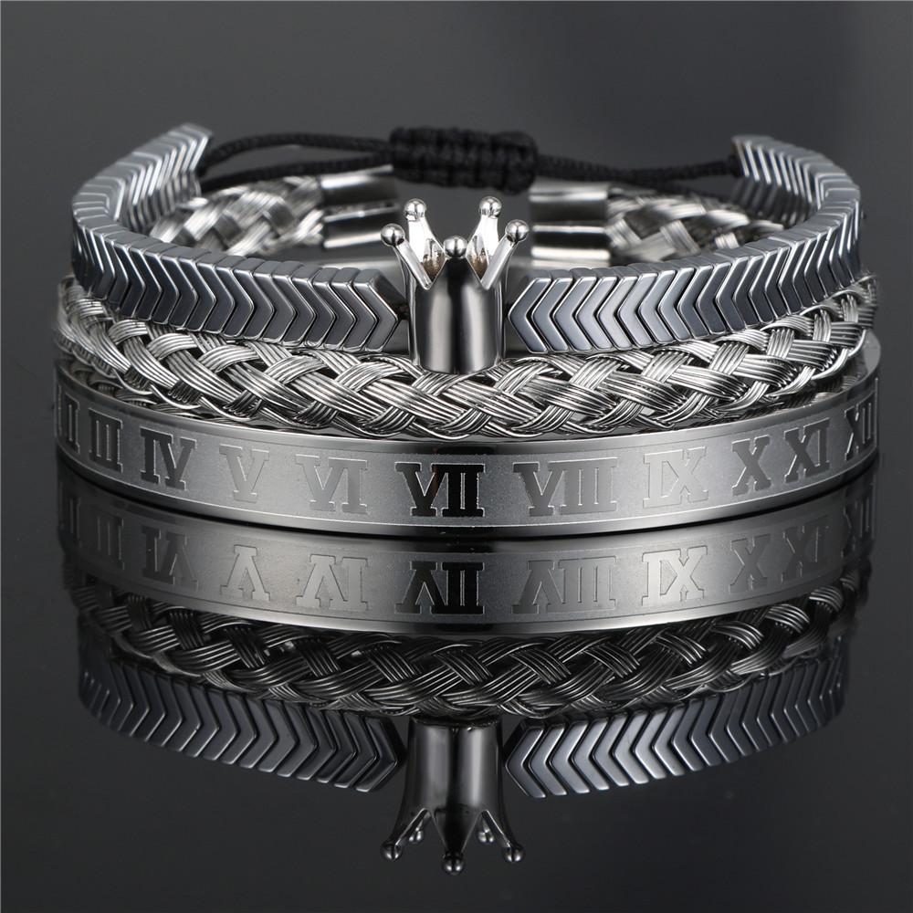 Vintage Crown Stainless Steel Bracelet Set With Letter And Number Charms For Men And Women