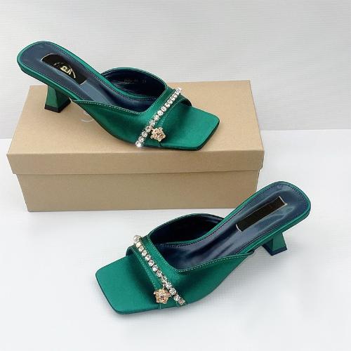 Square Toe Block Heel Rhinestone Single Strap Sandals Women High Heel Casual Summer Slide Shoes