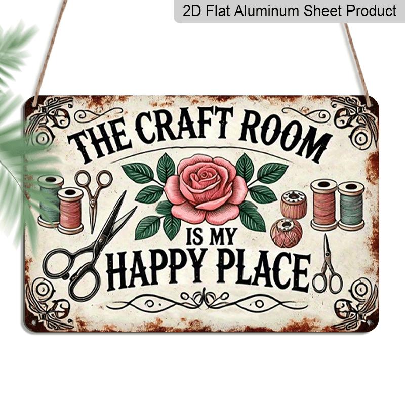 

2D Flat Retro Workshop Metal Sign, 12 * 8 Inch Color Visual Effect Aluminum Decorative Plaque with Scissors, Scrolls, and Floral Illustrations 20*30cm