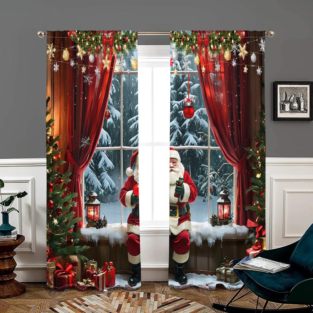 2 Pieces, Santa Claus Christmas Tree Retro Curtains -30% Blackout - Suitable for Living Room, Bedroom, Kitchen, Home Decoration