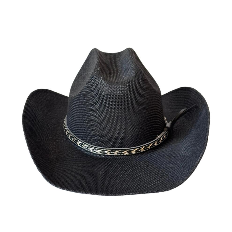 (One Size, Black) Women Men Cowgirl Hat Stylish Decorative Belt Western Hat Breathable Wide Brim Sun Hat