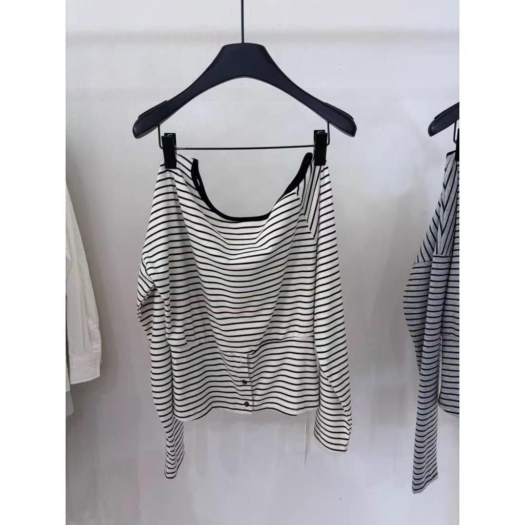 Women's Striped Off-Shoulder Long-Sleeve Cotton Tee—Fashionable, Versatile, Slimming, High-End Feel, Perfect for Spring/Autumn.