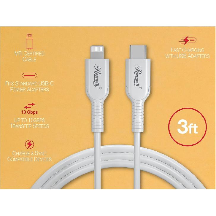 Rosewill USB-C to Lightning Cable, MFi Certified Charge & Sync Cable for Apple iPhone, iPad Pro, AirPods Charging Case | Fast Charge and Data
