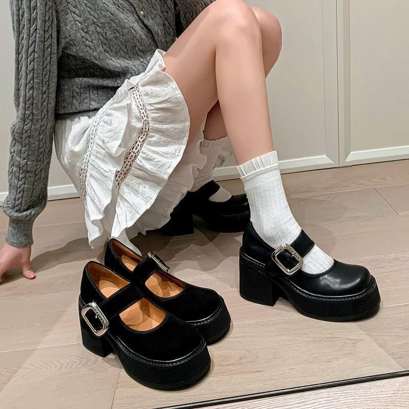 Fashion 9CM High Heel Women Mary Jane Shoes Fashion Belt Buckle 2025 Spring Autumn Platform Single Shoes