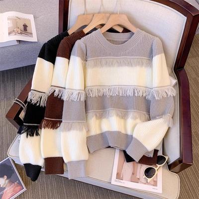 Lazy Wind Tassel Sweater Women's Striped Knitted Base Shirt with Loose and Thick Top