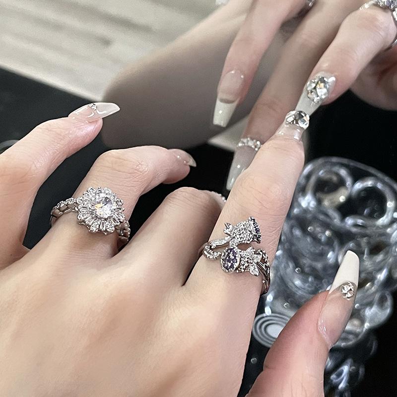 Flower Niche Design Cold Wind High Sense Diamond Set Purple Zircon Ring Women High Sense Open Ring