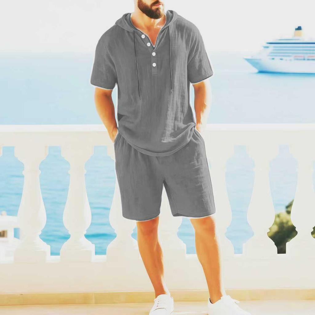 Set Casual Due Pezzi da Uomo a Manica Corta con Cappuccio e Pantaloncini a Colore Solido