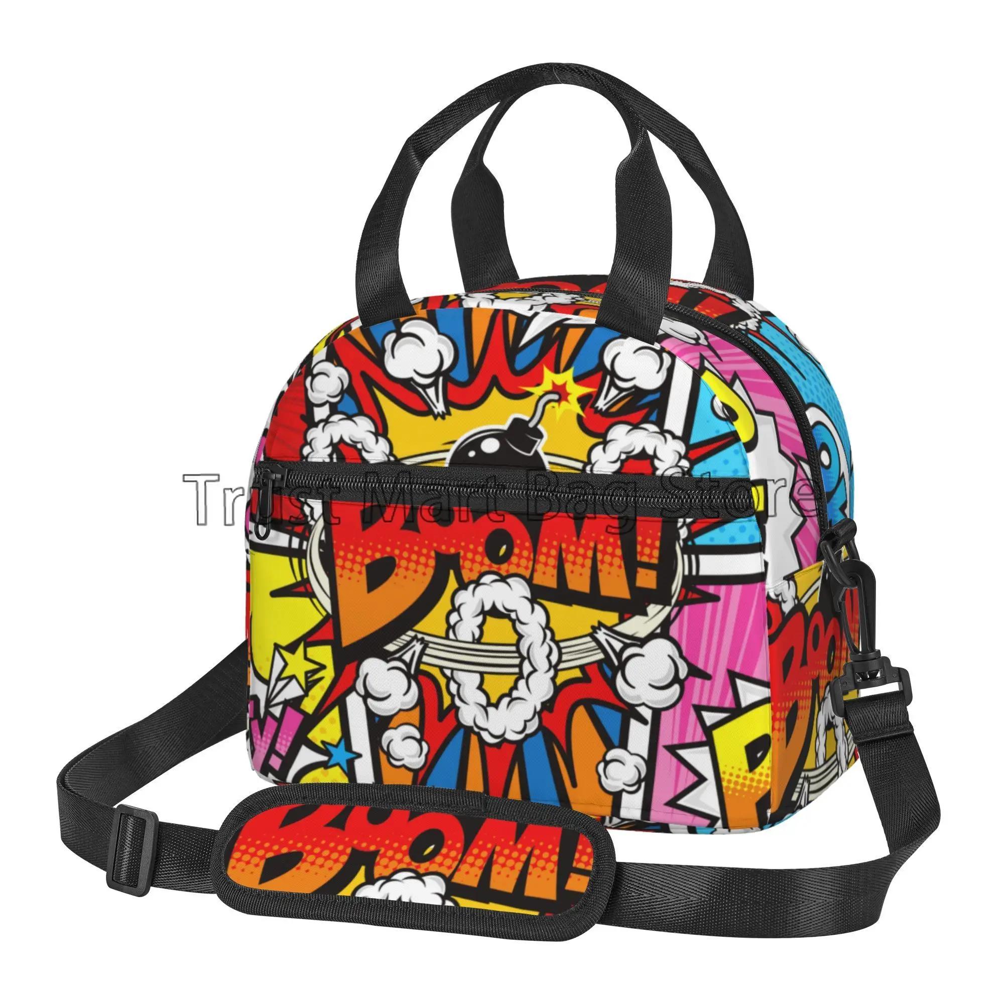 

American Comic Book Collection Pop Art Insulated Lunch Bag Reusable Thermal Cooler Bento Tote Bag with Detachable Shoulder Strap